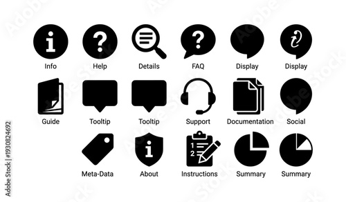 Information and support icons set: guide, faq, social, instructions, summary
