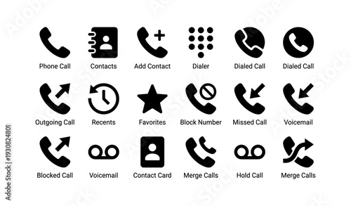Icon set featuring phone call, contacts, voicemail, and more communication symbols