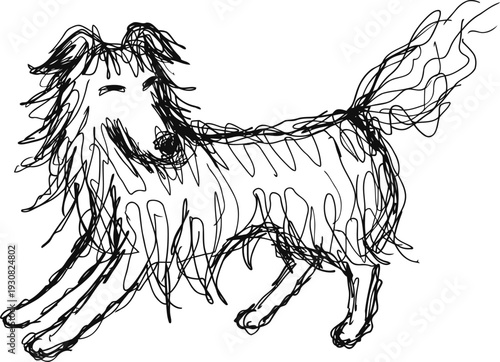 Playful dog sketch with flowing fur and wagging tail, energetic pet illustration in black lines