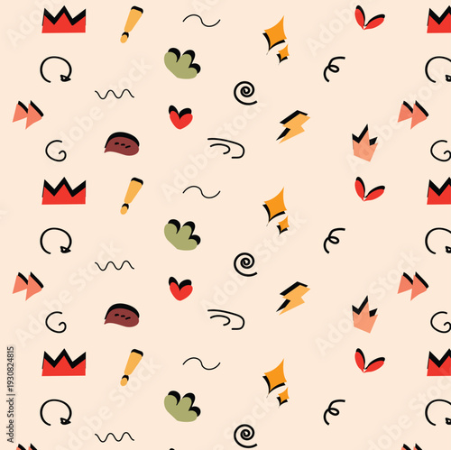 Abstract Memphis seamless pattern with geometric shapes and doodle elements