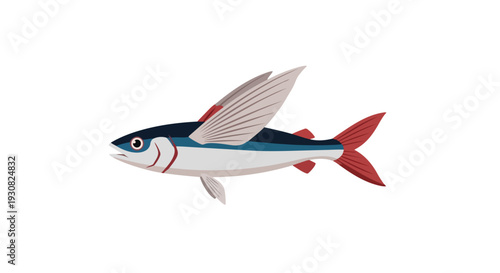 Stylized illustration of a flying fish with large pectoral fins spread like wings, depicting aquatic aerial movement in a clean graphic design style