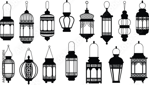 Islamic lantern collection with traditional Arabic Ramadan lamps design, decorative flat vector illustration set