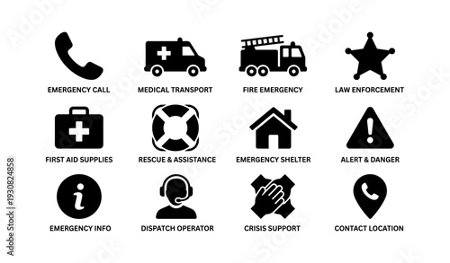 Emergency symbols: call, transport, fire, law, first aid, rescue, shelter, alert, info