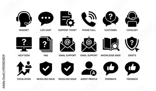 Customer support icons set: headset, live chat, faq, email support