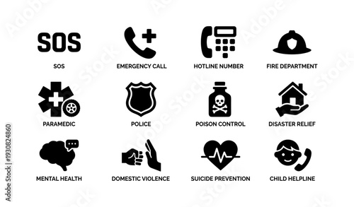 Emergency services icons: sos, mental health, police, fire department, paramedic