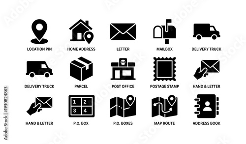 Postage and delivery icons: location, home, letter, mailbox, truck, parcel, stamp, route