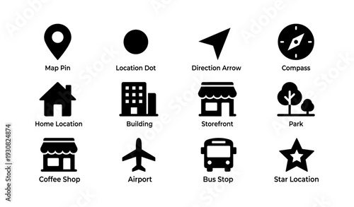 Icon set: map pin, location dot, compass, home, building, storefront, park, coffee shop, airport, bus stop, star