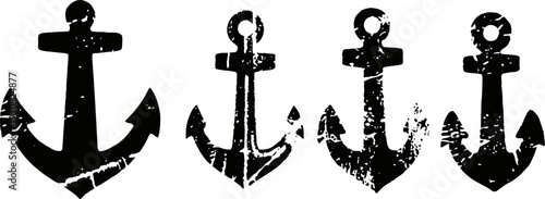 Grunge black anchor icons set in vintage distressed design elements