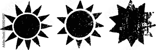 three black sun icons with varied spiked designs and distressed texture on white background