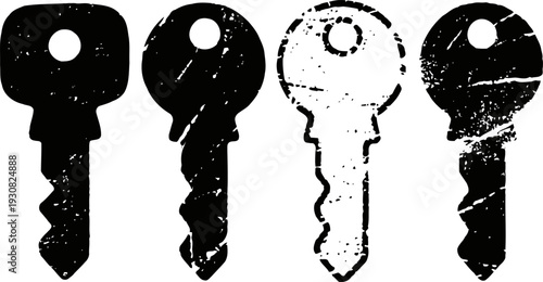 grunge silhouette set of four antique keys with round heads and complex blades