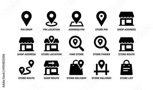 Store navigation icons set: pin drops, locations, routes, deliveries, listings