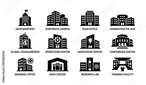 Icon set of various building types: offices, campuses, cultural centers, laboratories