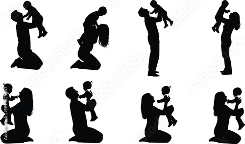 Heartwarming black silhouette collection of happy loving parents holding and lifting up their adorable baby in different playful poses.