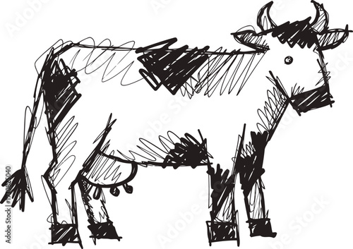 Hand drawn black and white cow sketch with rough lines and simple details
