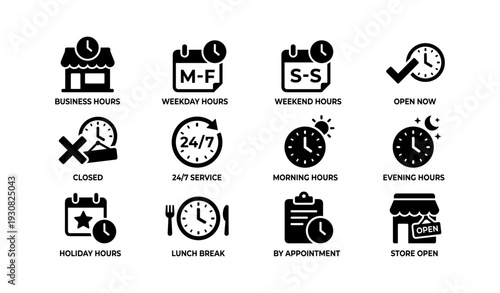 Business and service hour icons: weekdays, weekends, open, closed, 24/7, appointments, holidays
