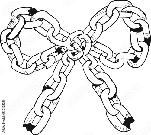 chain shaped like a bow tied in a knot, broken and worn rusty metal links illustration