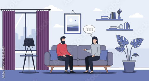 Vector illustration of young couple sitting on sofa and talking in modern living room with stylish home interior decoration.