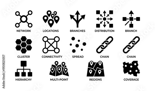 Network icons: branches, distribution, connectivity, hierarchy, coverage