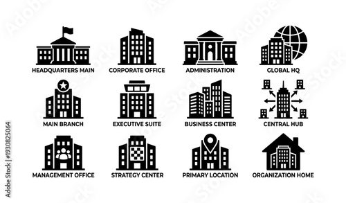 Corporate building icons set: headquarters, office, administration, global, main branch, executive suite