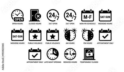 Business hour icons: open, closed, 24/7, appointment only, schedule variations