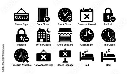 Closed and locked icon collection with symbols for signs and schedules