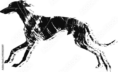 Grunge silhouette of a running dog with textured distressed effect on white background