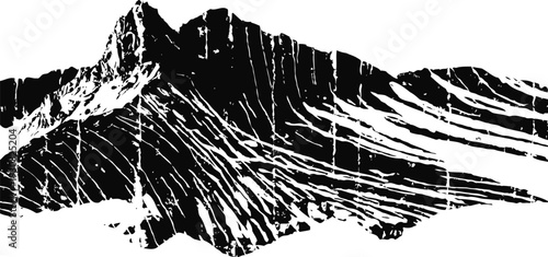 mountain landscape silhouette with textured lines and dynamic patterns in black and white
