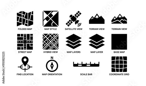 Map icons set: terrain, satellite, street, layers, compass, coordinate grid