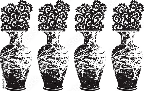 Four decorative antique vases with ornamental dried branches in black and white silhouette