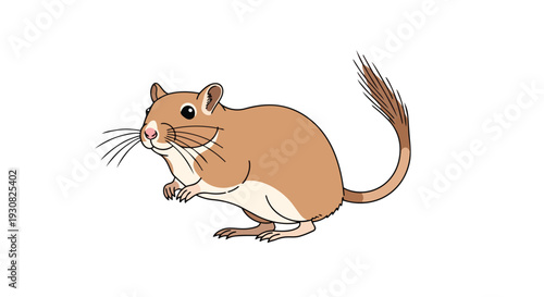 A cute cartoon gerbil stands on its hind legs, showcasing its long whiskers and bushy tail, a playful rodent illustration