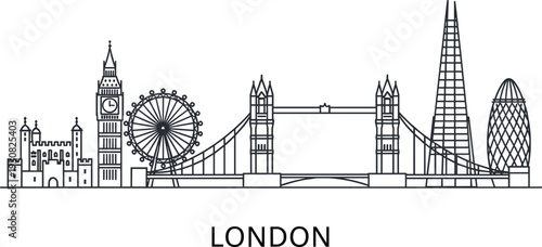 Minimalist black and white continuous line drawing of London city skyline featuring famous landmarks and historical architecture vector illustration.