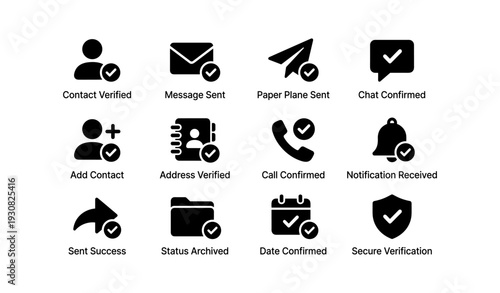 Verified contact and communication icons set with notifications