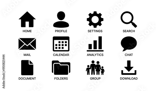 Simple black icons for home, profile, settings, search, and more