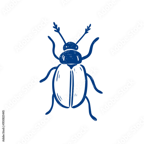 Blue hand drawn beetle isolated on light background, suitable for entomology themes, nature education materials, scientific design projects, and decorative vector use.