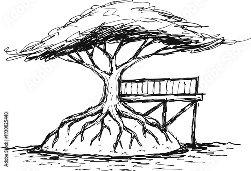 hand drawn sketch of a large tree with roots exposed and wooden treehouse platform beside it