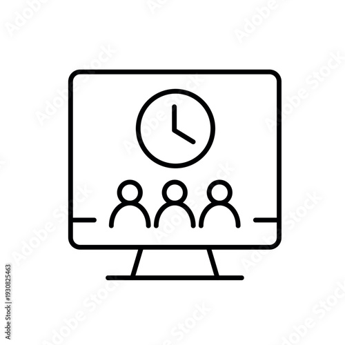 A vector icon of people on screen with a clock, representing an online waiting room, created in line style with editable stroke