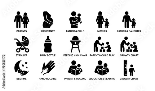Parenting icons: family, growth, education, childcare, relationships