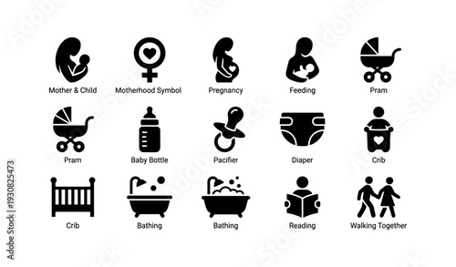 Parenting symbols: motherhood, pregnancy, baby care activities