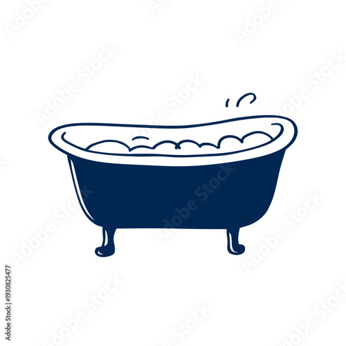 Vintage bathtub with bubbles in simple line art style  