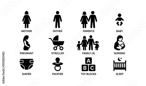Family icons: parents, baby, pregnant woman, and childcare symbols
