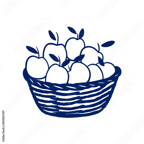Bounty of apples in a woven basket illustrated in blue  