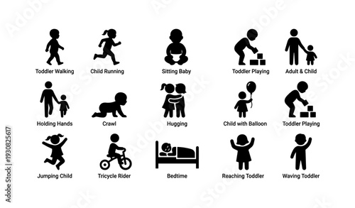 Silhouette icons of children and adults in various activities and poses