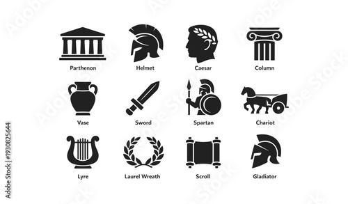 Ancient greek and roman icons collection: parthenon, helmet, caesar, and more
