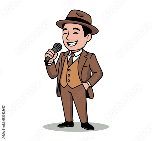 A cartoon man in a brown suit and hat holding a microphone