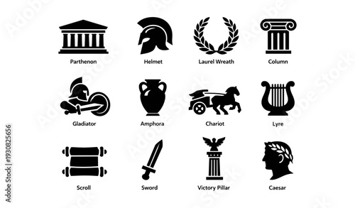 Ancient greek symbols: parthenon, helmet, laurel wreath, column, gladiator, amphora, chariot, lyre, scroll, sword, victory pillar, caesar