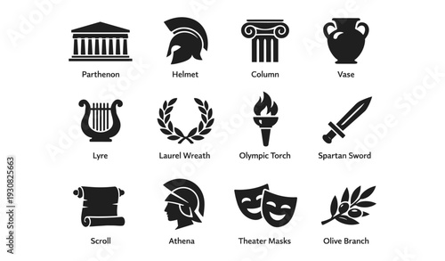 Ancient greek symbols: parthenon, helmet, column, vase, lyre, laurel, torch, sword, scroll, athena, masks, olive