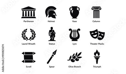 Icon set: ancient greek symbols including parthenon, vase, and theater masks
