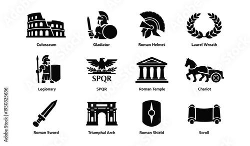 Ancient roman symbols: colosseum, gladiator, legionary, roman architecture, laurel wreath