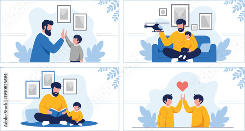 Collection of heartwarming scenes showing loving father playing with little son reading storytelling book and sharing joyful family bonding moments.