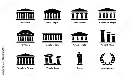 Iconic greek architecture and symbols: temples, pillars, statue, laurel wreath